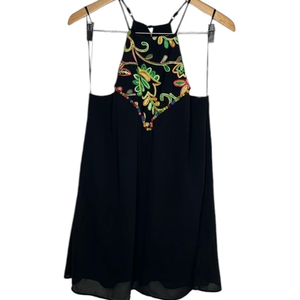 Lulu's Black High Neck Embroidered Pom Mini Dress Women Size L